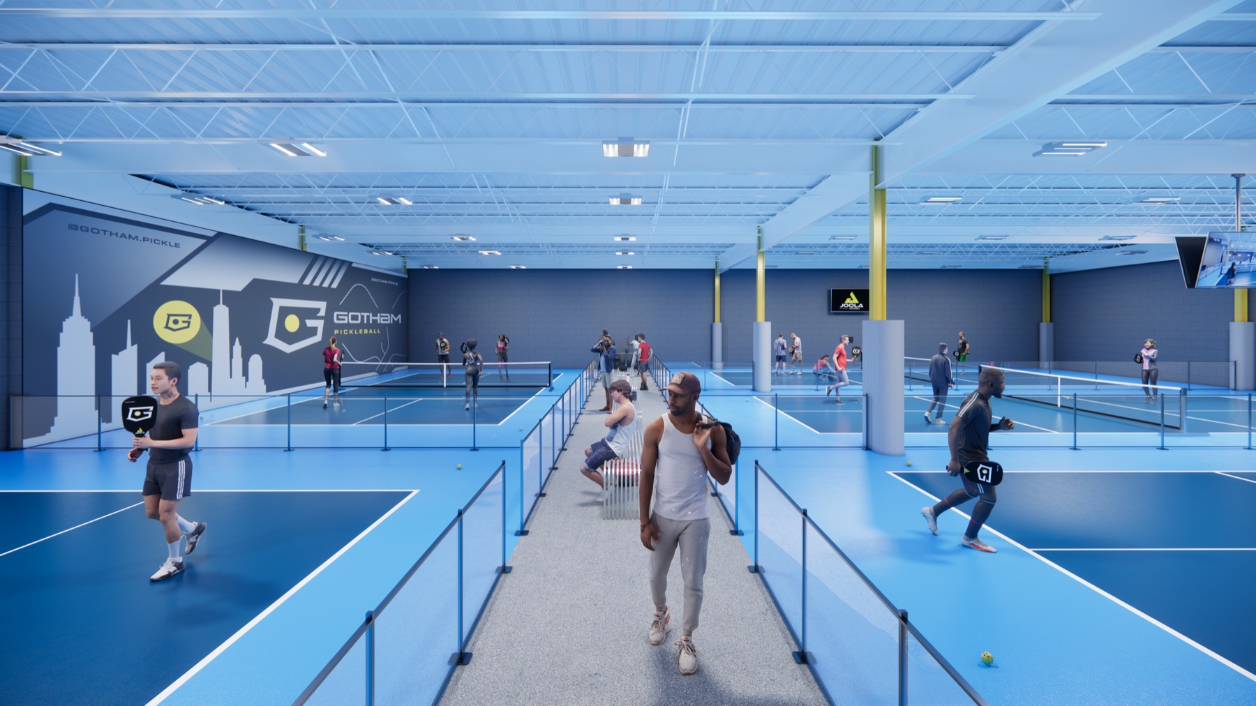 Walkway between courts at Gotham Pickleball Hunters Point