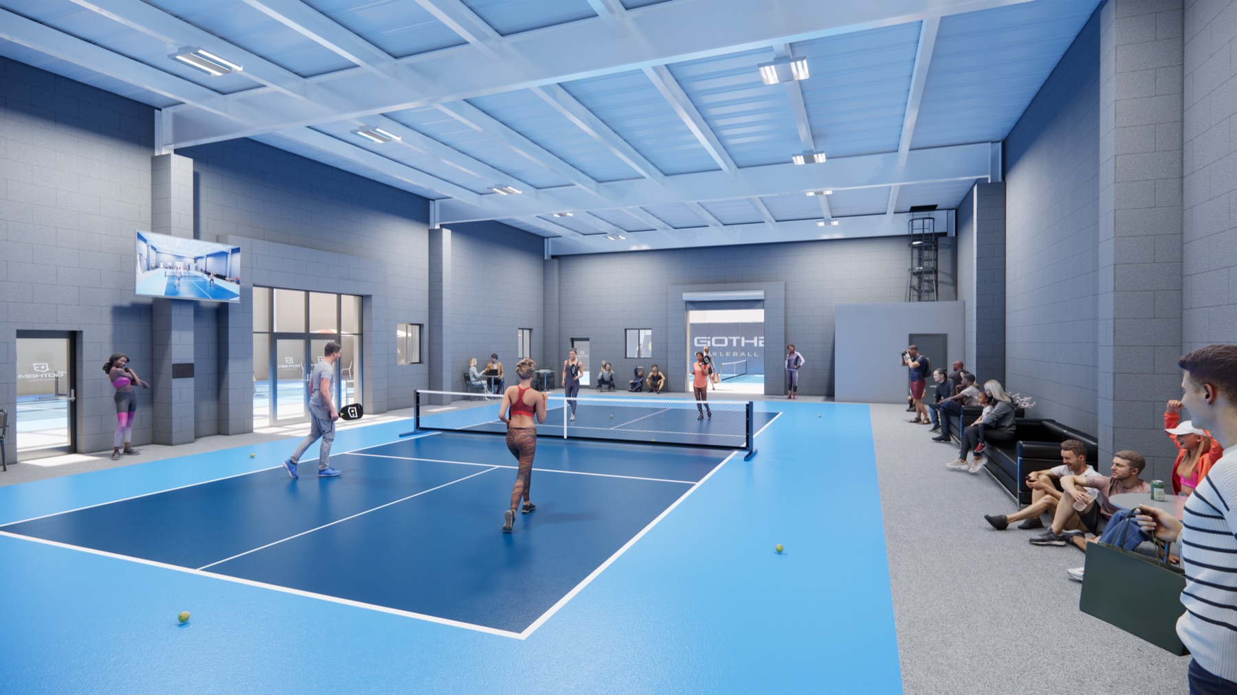 Court with lounge seating at Gotham Pickleball Hunters Point
